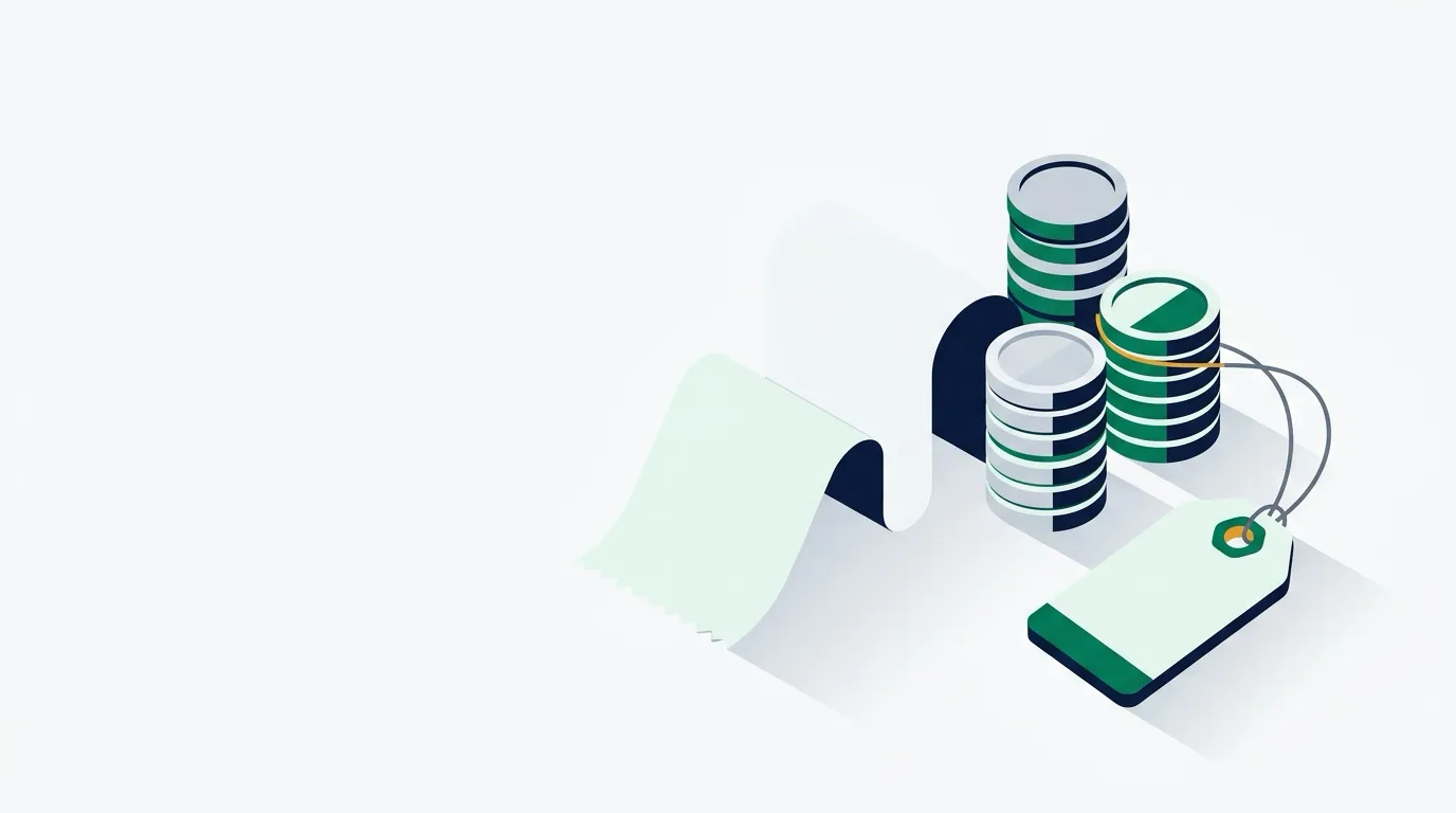 Price tag with stacked coins and a receipt roll