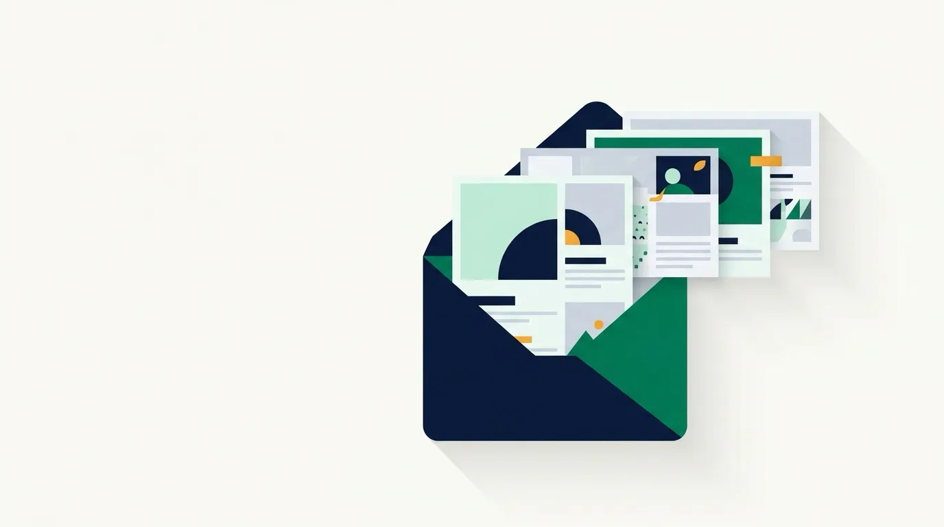 Open envelope with layered geometric newsletter cards
