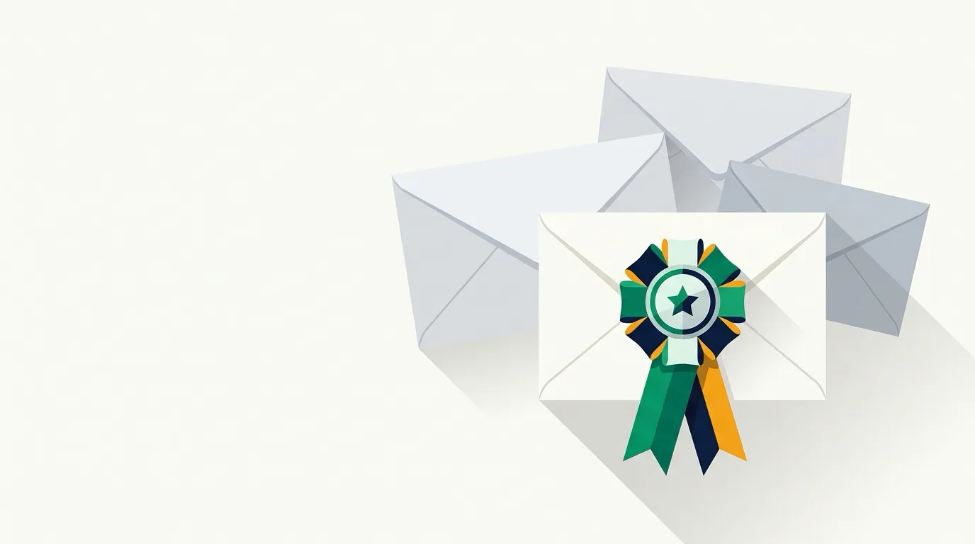 Featured envelope wearing a ribbon rosette badge in front of envelopes