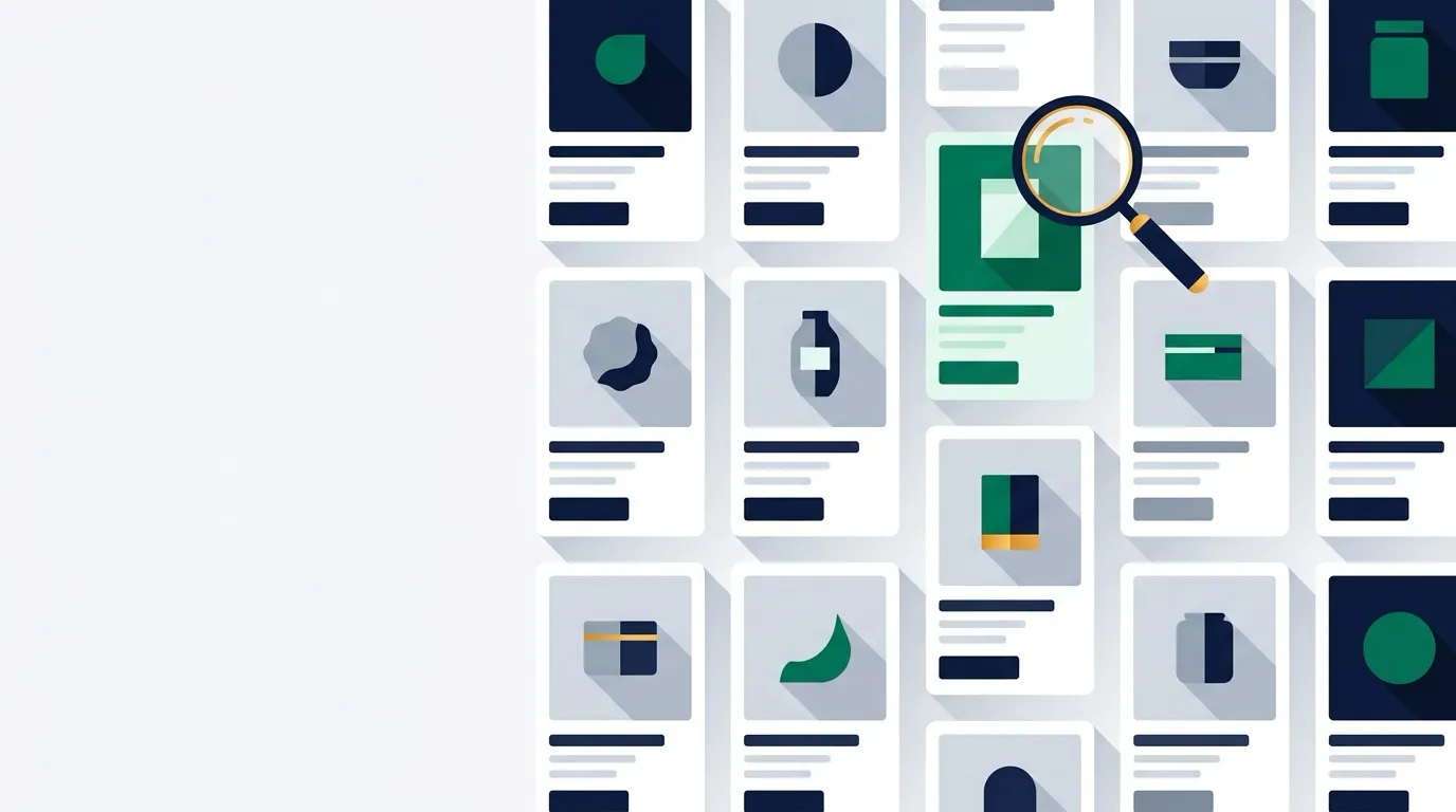 Grid of product cards with one highlighted under a magnifying glass