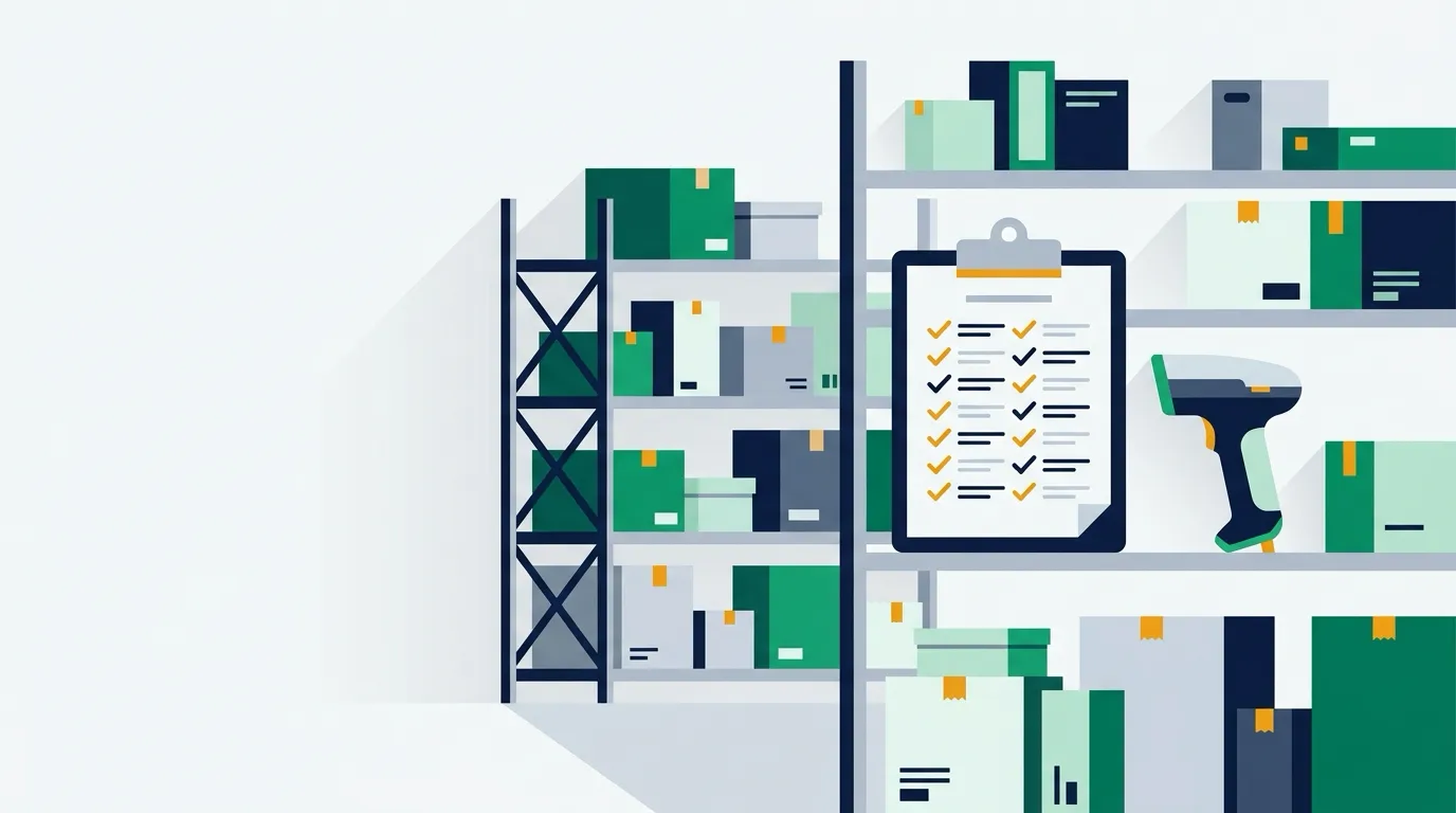 Warehouse stock shelves with boxes, clipboard checklist, and barcode scanner