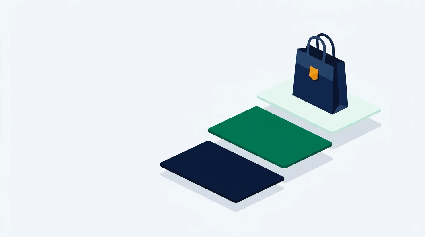 Tiered plan cards stepping up to a shopping bag on top