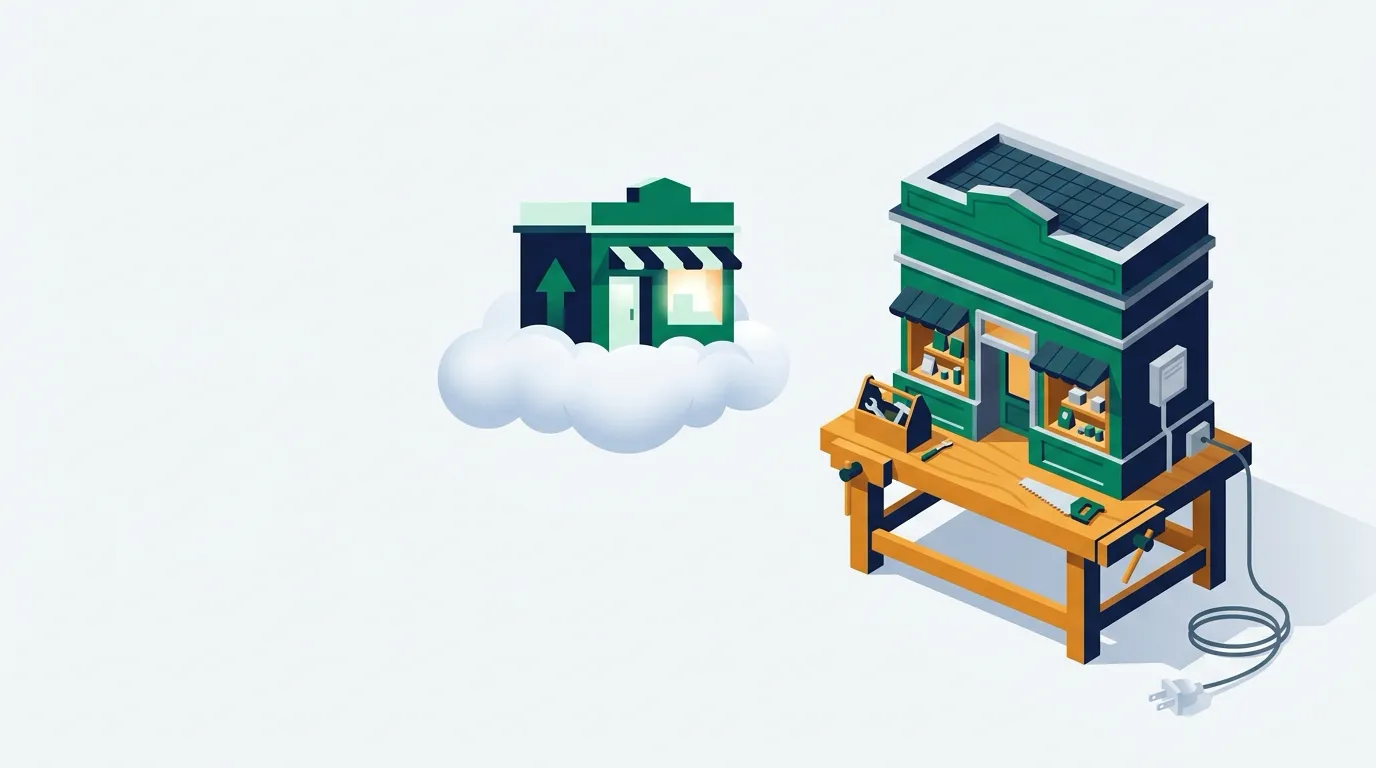 Floating cloud storefront beside a storefront built on a workshop bench