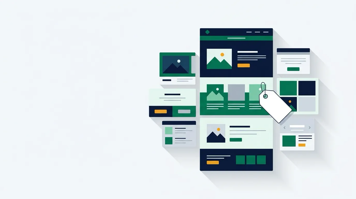 Modular website layout blocks stacking together with a blank price tag