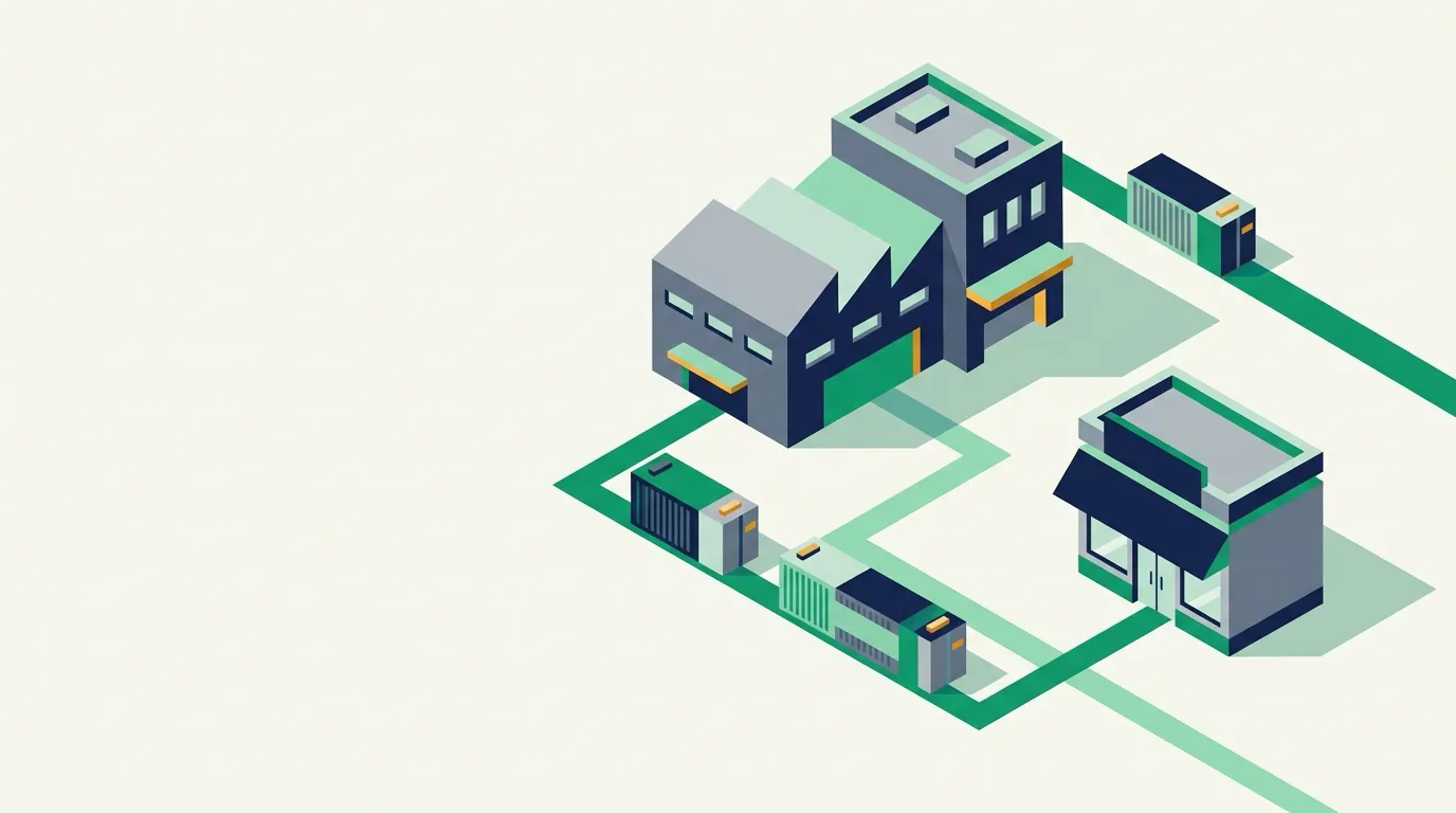 Isometric map with containers moving between factory and store