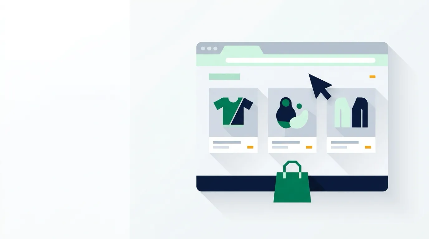 Browser storefront window with product tiles and shopping bag